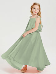 Abiti Damigella Junior Lunghi In Chiffon Spalline Sottili Con Fiocco Salvia Polvere