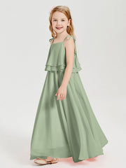 Abiti Damigella Junior Lunghi In Chiffon Spalline Sottili Con Fiocco Salvia Polvere