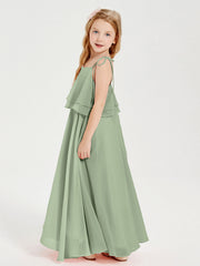 Abiti Damigella Junior Lunghi In Chiffon Spalline Sottili Con Fiocco Salvia Polvere