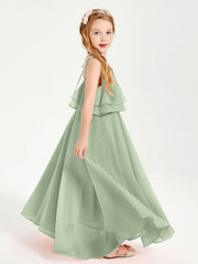 Abiti Damigella Junior Lunghi In Chiffon Spalline Sottili Con Fiocco Salvia Polvere