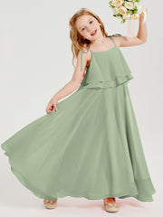 Abiti Damigella Junior Lunghi In Chiffon Spalline Sottili Con Fiocco Salvia Polvere