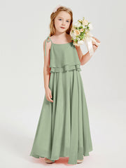 Abiti Damigella Junior Lunghi In Chiffon Spalline Sottili Con Fiocco Salvia Polvere