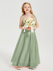 Abiti Damigella Junior Lunghi In Chiffon Spalline Sottili Con Fiocco Salvia Polvere