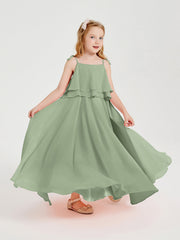 Abiti Damigella Junior Lunghi In Chiffon Spalline Sottili Con Fiocco Salvia Polvere