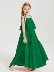 Abiti Damigella Junior Lunghi In Chiffon Spalline Sottili Con Fiocco Smeraldo