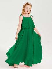 Abiti Damigella Junior Lunghi In Chiffon Spalline Sottili Con Fiocco Smeraldo