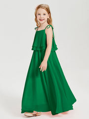 Abiti Damigella Junior Lunghi In Chiffon Spalline Sottili Con Fiocco Smeraldo