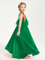 Abiti Damigella Junior Lunghi In Chiffon Spalline Sottili Con Fiocco Smeraldo