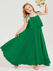Abiti Damigella Junior Lunghi In Chiffon Spalline Sottili Con Fiocco Smeraldo