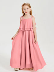 Abiti Damigella Junior Lunghi In Chiffon Spalline Sottili Con Fiocco Fenicottero