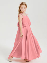 Abiti Damigella Junior Lunghi In Chiffon Spalline Sottili Con Fiocco Fenicottero