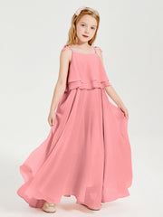 Abiti Damigella Junior Lunghi In Chiffon Spalline Sottili Con Fiocco Fenicottero