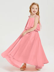 Abiti Damigella Junior Lunghi In Chiffon Spalline Sottili Con Fiocco Fenicottero