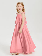 Abiti Damigella Junior Lunghi In Chiffon Spalline Sottili Con Fiocco Fenicottero