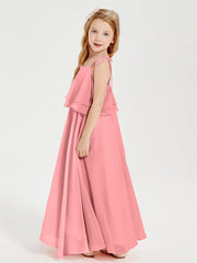 Abiti Damigella Junior Lunghi In Chiffon Spalline Sottili Con Fiocco Fenicottero