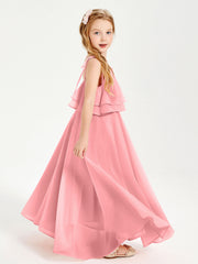 Abiti Damigella Junior Lunghi In Chiffon Spalline Sottili Con Fiocco Fenicottero