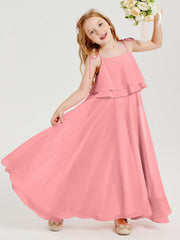 Abiti Damigella Junior Lunghi In Chiffon Spalline Sottili Con Fiocco Fenicottero