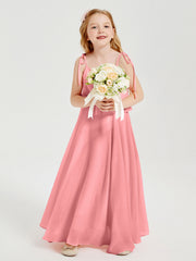 Abiti Damigella Junior Lunghi In Chiffon Spalline Sottili Con Fiocco Fenicottero