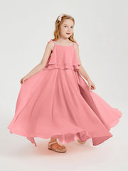 Abiti Damigella Junior Lunghi In Chiffon Spalline Sottili Con Fiocco Fenicottero