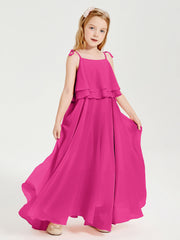 Abiti Damigella Junior Lunghi In Chiffon Spalline Sottili Con Fiocco Fucsia