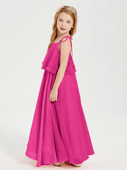Abiti Damigella Junior Lunghi In Chiffon Spalline Sottili Con Fiocco Fucsia