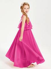 Abiti Damigella Junior Lunghi In Chiffon Spalline Sottili Con Fiocco Fucsia