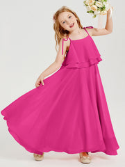 Abiti Damigella Junior Lunghi In Chiffon Spalline Sottili Con Fiocco Fucsia