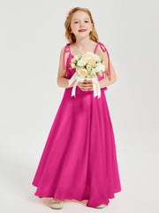 Abiti Damigella Junior Lunghi In Chiffon Spalline Sottili Con Fiocco Fucsia