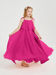 Abiti Damigella Junior Lunghi In Chiffon Spalline Sottili Con Fiocco Fucsia