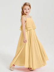 Abiti Damigella Junior Lunghi In Chiffon Spalline Sottili Con Fiocco Oro