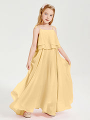 Abiti Damigella Junior Lunghi In Chiffon Spalline Sottili Con Fiocco Oro