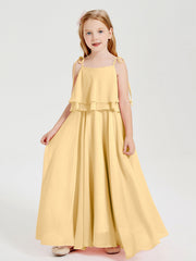 Abiti Damigella Junior Lunghi In Chiffon Spalline Sottili Con Fiocco Oro