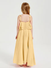 Abiti Damigella Junior Lunghi In Chiffon Spalline Sottili Con Fiocco Oro