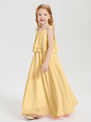 Abiti Damigella Junior Lunghi In Chiffon Spalline Sottili Con Fiocco Oro