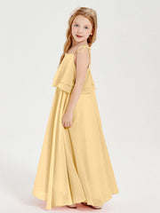 Abiti Damigella Junior Lunghi In Chiffon Spalline Sottili Con Fiocco Oro