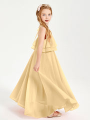 Abiti Damigella Junior Lunghi In Chiffon Spalline Sottili Con Fiocco Oro