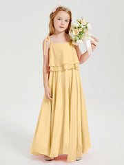 Abiti Damigella Junior Lunghi In Chiffon Spalline Sottili Con Fiocco Oro