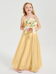 Abiti Damigella Junior Lunghi In Chiffon Spalline Sottili Con Fiocco Oro