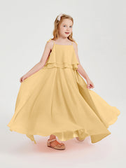 Abiti Damigella Junior Lunghi In Chiffon Spalline Sottili Con Fiocco Oro
