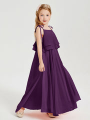 Abiti Damigella Junior Lunghi In Chiffon Spalline Sottili Con Fiocco Viola