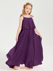 Abiti Damigella Junior Lunghi In Chiffon Spalline Sottili Con Fiocco Viola