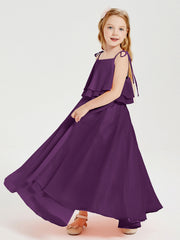 Abiti Damigella Junior Lunghi In Chiffon Spalline Sottili Con Fiocco Viola