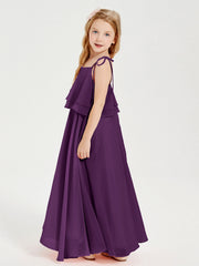 Abiti Damigella Junior Lunghi In Chiffon Spalline Sottili Con Fiocco Viola