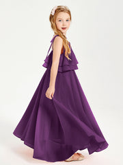 Abiti Damigella Junior Lunghi In Chiffon Spalline Sottili Con Fiocco Viola