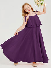 Abiti Damigella Junior Lunghi In Chiffon Spalline Sottili Con Fiocco Viola