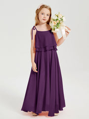Abiti Damigella Junior Lunghi In Chiffon Spalline Sottili Con Fiocco Viola