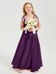 Abiti Damigella Junior Lunghi In Chiffon Spalline Sottili Con Fiocco Viola