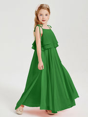 Abiti Damigella Junior Lunghi In Chiffon Spalline Sottili Con Fiocco Verde