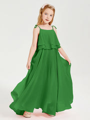 Abiti Damigella Junior Lunghi In Chiffon Spalline Sottili Con Fiocco Verde