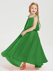 Abiti Damigella Junior Lunghi In Chiffon Spalline Sottili Con Fiocco Verde
